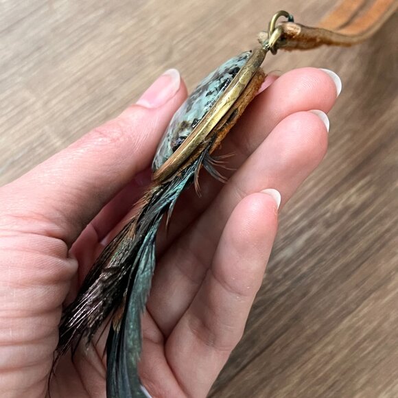 Vintage Leatherock Stone and Peacock Feather Leather Bohemian Statement Necklace - Picture 10 of 12